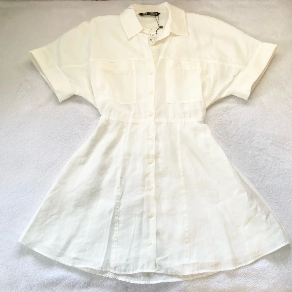 Zara • NWT Ivory Short Sleeve Button Up A-Line Shirt Dress